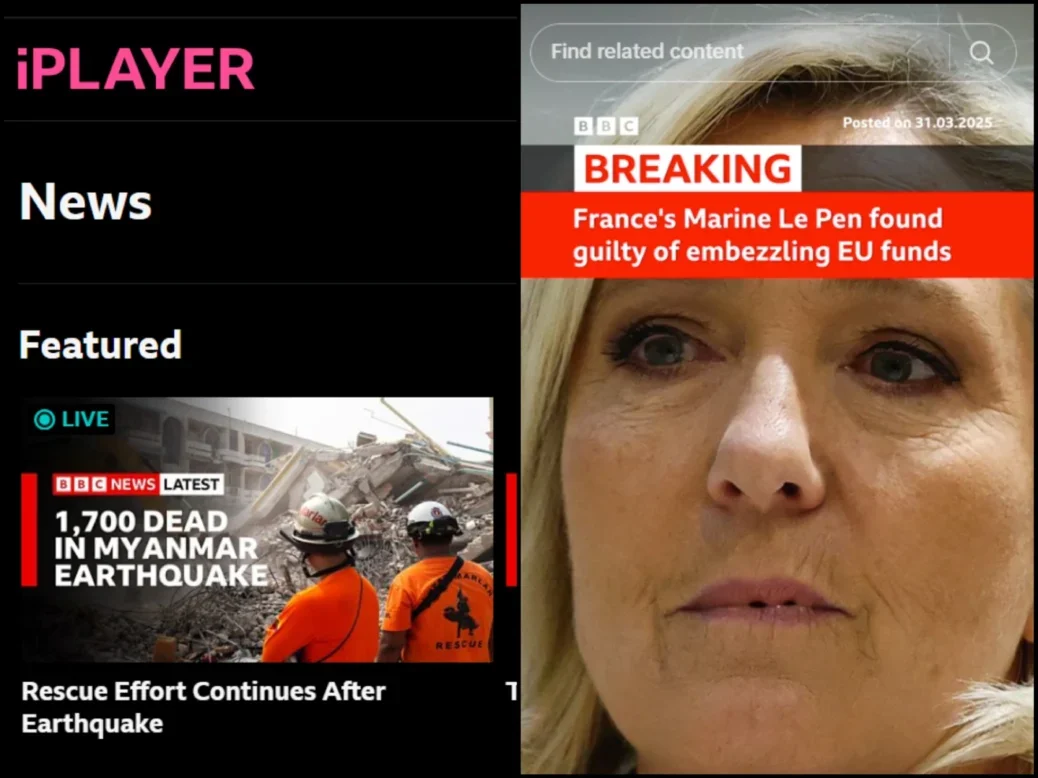 BBC News on iPlayer and BBC Tiktok video featuring Marine Le Pen