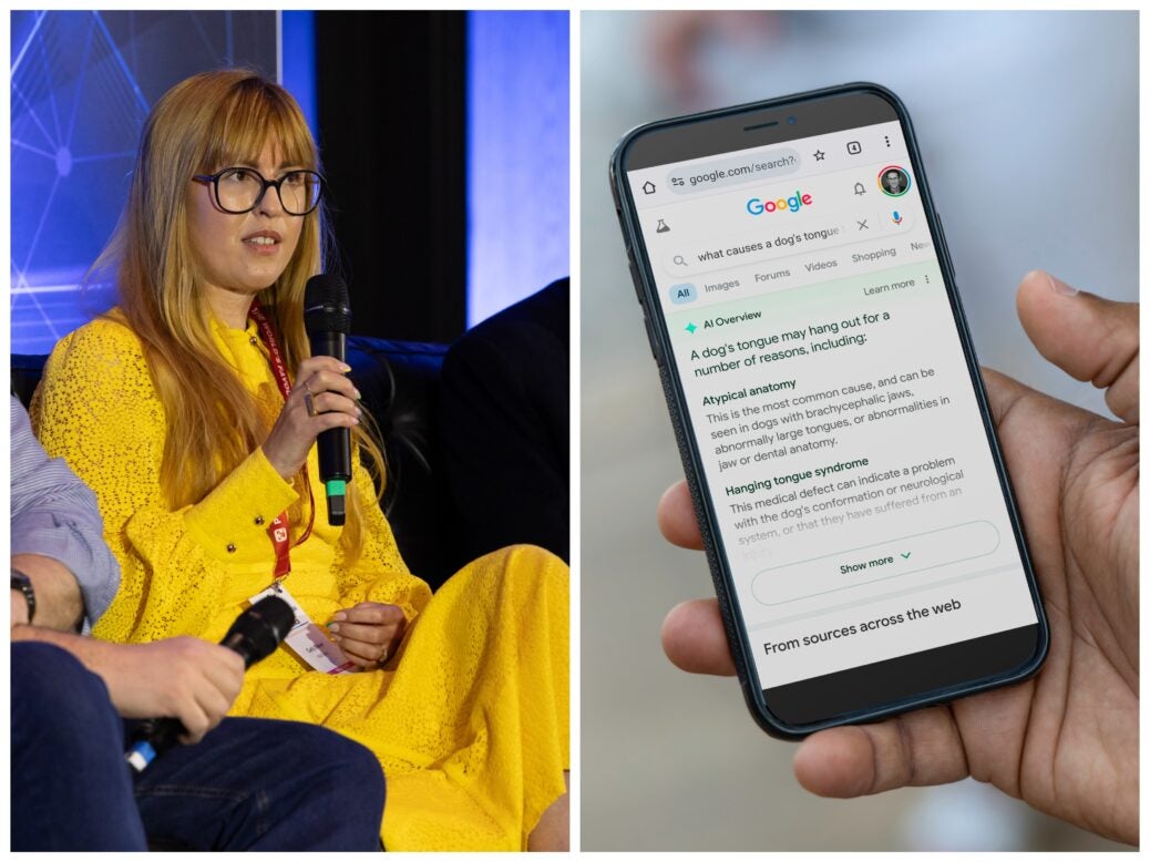 Mail director of SEO Carly Steven at Press Gazette's Future of Media Technology Conference in September 2024 and a phone showing a Google AI Overview. Pictures: ASV Photography/Press Gazette and Shutterstock/Marco Lazzarini